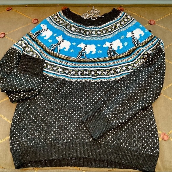 Holiday Sweater Fair Isle Polar Bears with Scarves in Blue Multi (L) - Picture 4 of 7